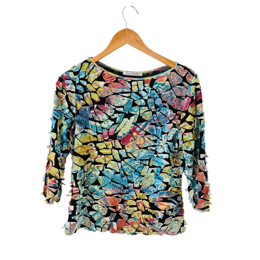 Sno Skins Mosaic Mesh Tee Shirt Top Womens L Multicolor 3D Ruffle Abstract Art
